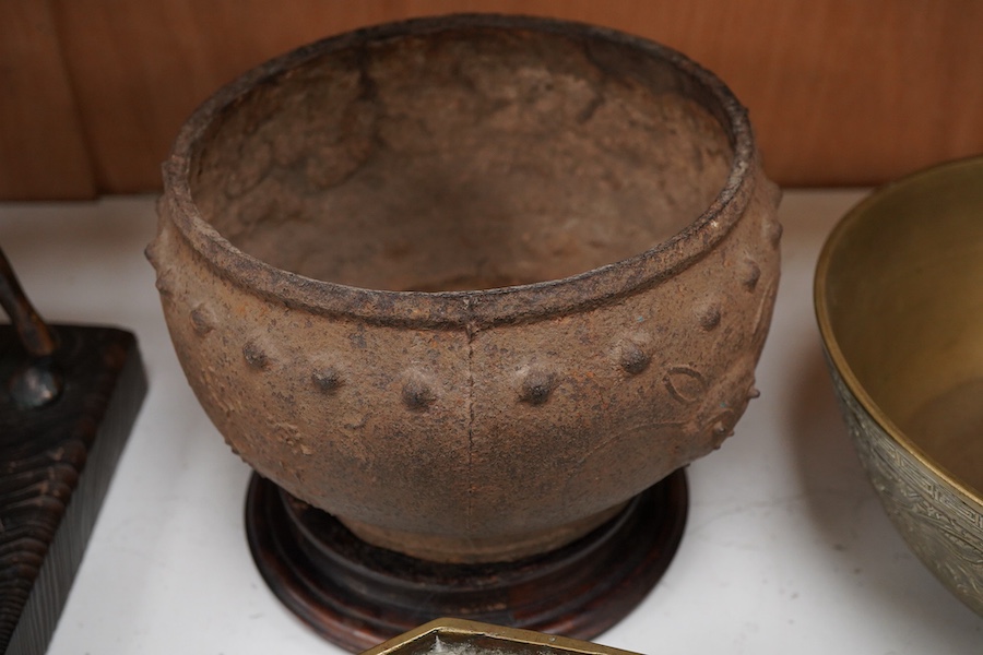 A Chinese bronze bowl, cover and bowl, mustard canister pot, largest bowl 24cm diameter